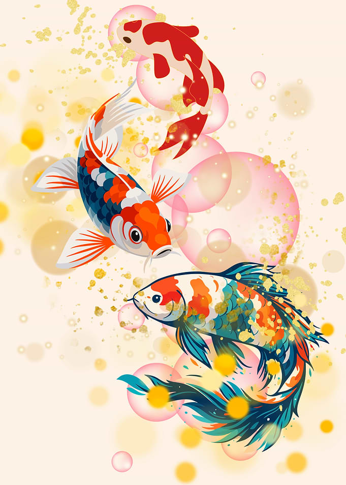 Two Koi Fish with Bubbles and Glitter