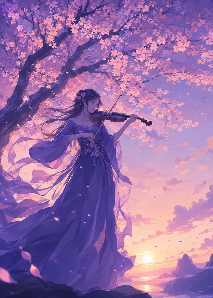 Woman playing violin under cherry blossoms