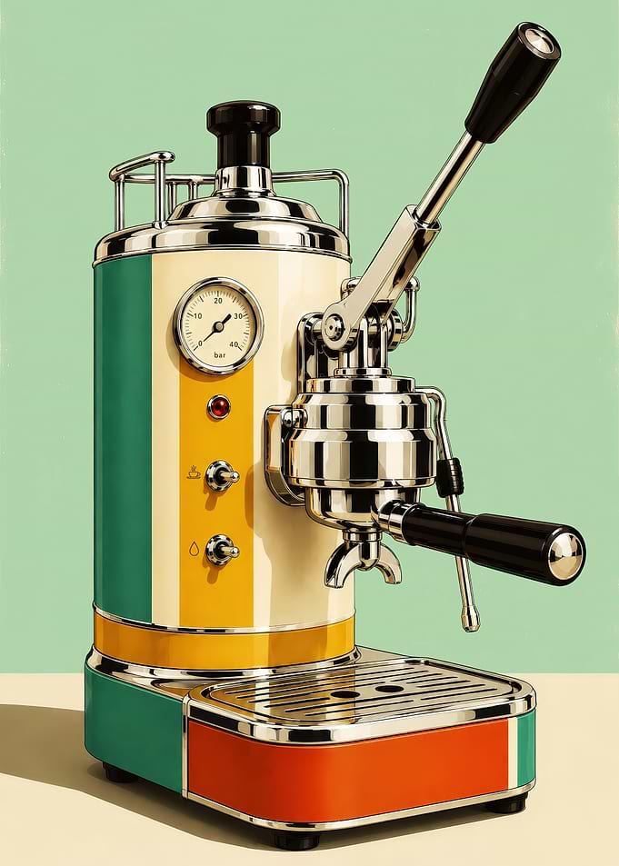 Mid-Century Espresso Machine Poster – Retro Coffee Kitchen Wall Art