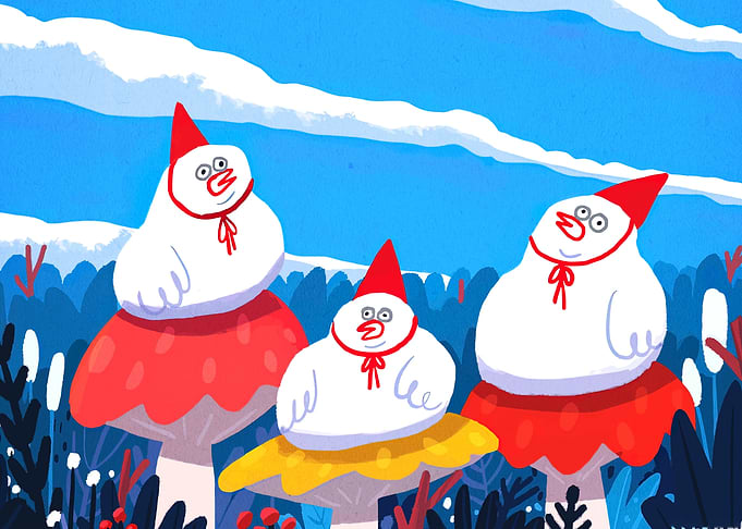 Three whimsical characters on mushrooms