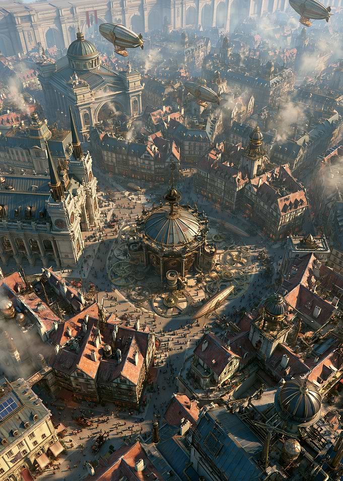 Steampunk Cityscape with Airships