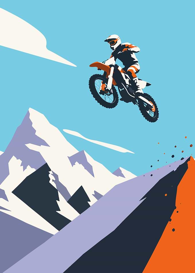 Motocross Rider Jumps Over Mountains