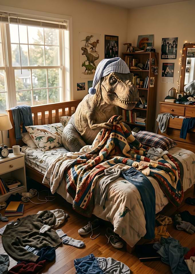 Dinosaur in Pajamas in Messy Bedroom