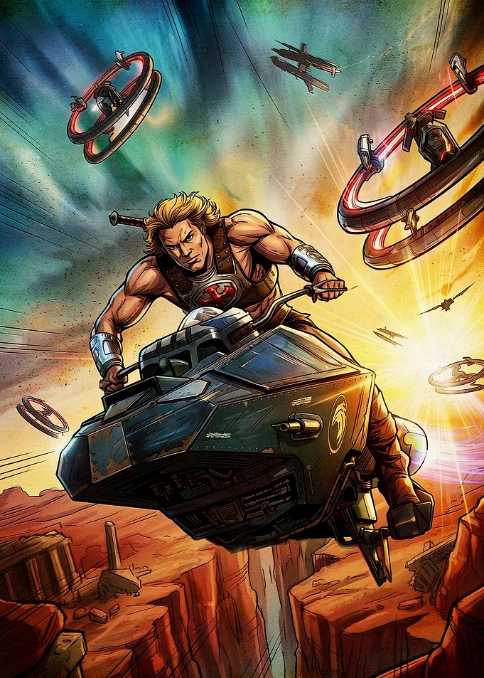 He-Man Riding a Hovercraft in a Canyon