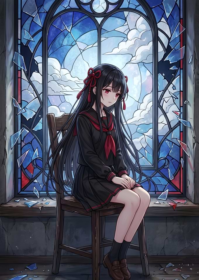 Sad Anime Girl by Broken Stained Glass Window