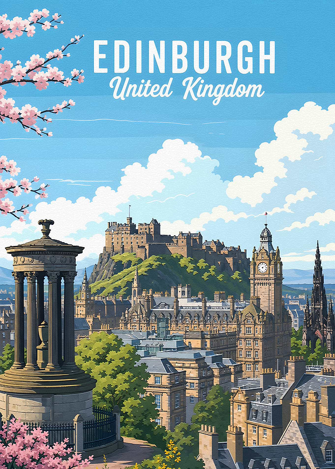 Edinburgh Cityscape with Castle and Cherry Blossoms