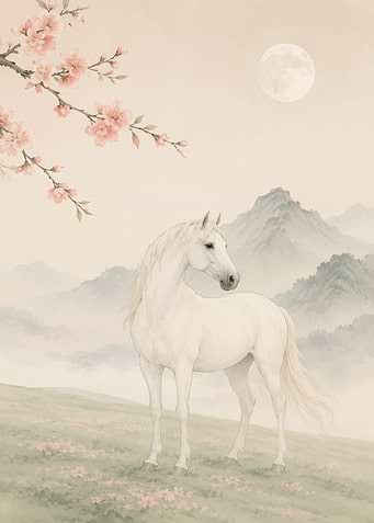 White Horse Under Cherry Blossoms and Moon