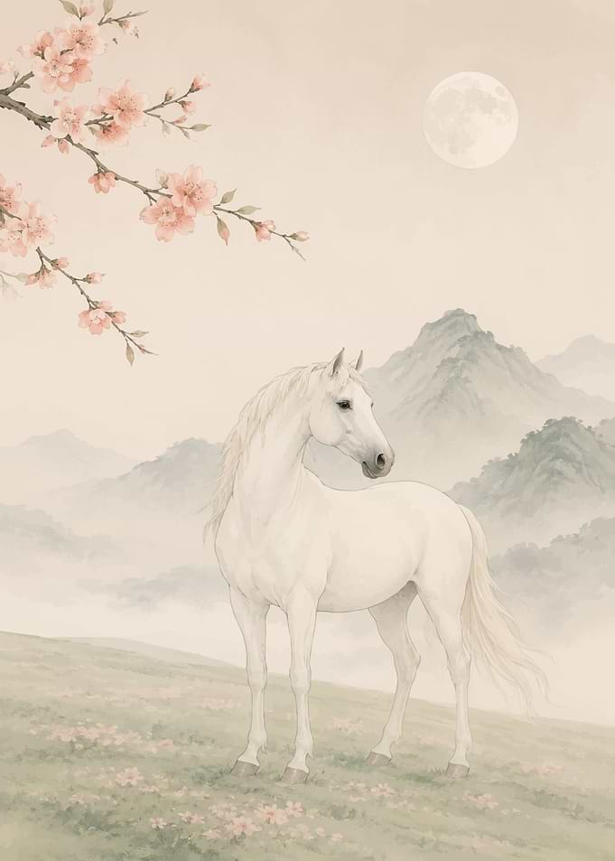 White Horse Under Cherry Blossoms and Moon