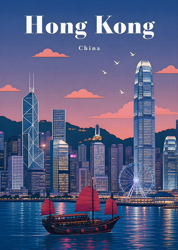 Hong Kong Skyline with Junk Boat
