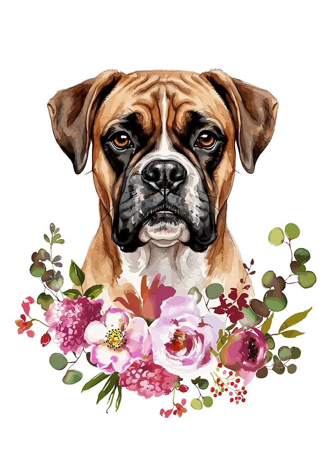 Boxer Dog with Flowers