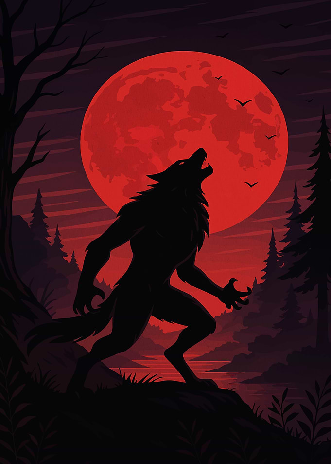 Werewolf howling at a blood moon