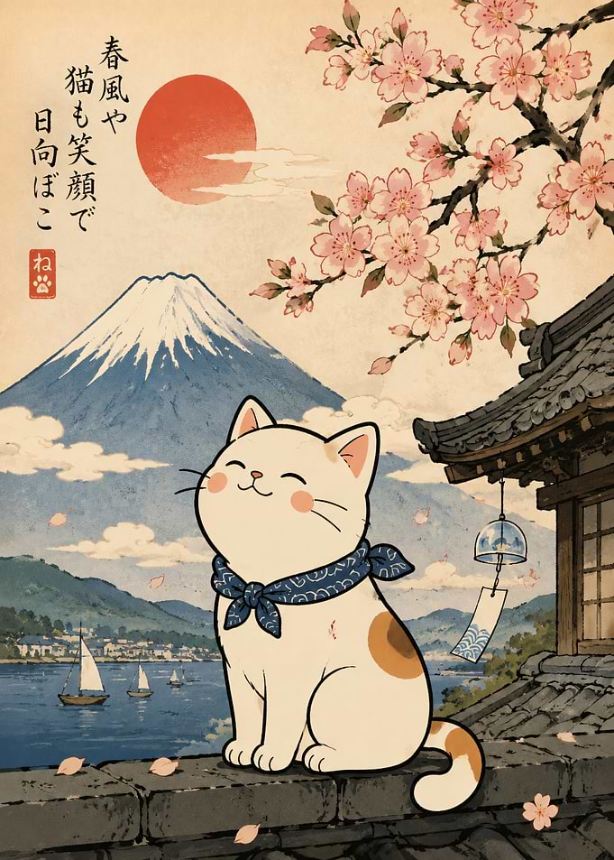 Cute Cat with Mount Fuji and Cherry Blossoms