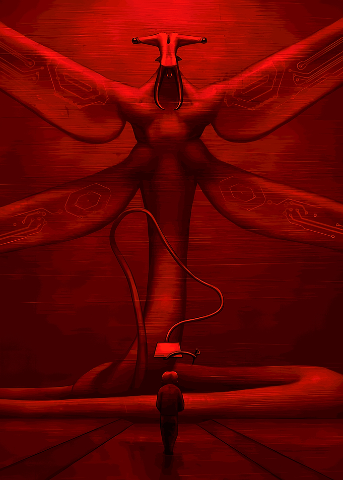 Giant Red Creature and Human