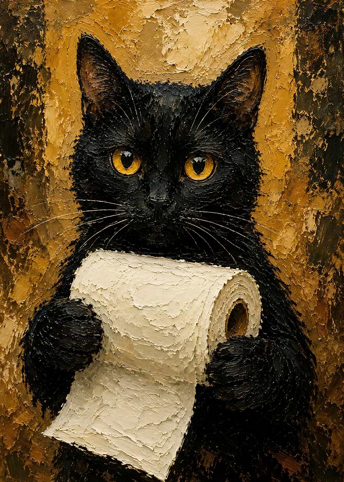 Black Cat Holding Toilet Paper