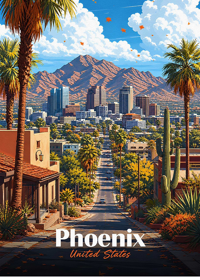 Phoenix Cityscape with Mountains and Palm Trees