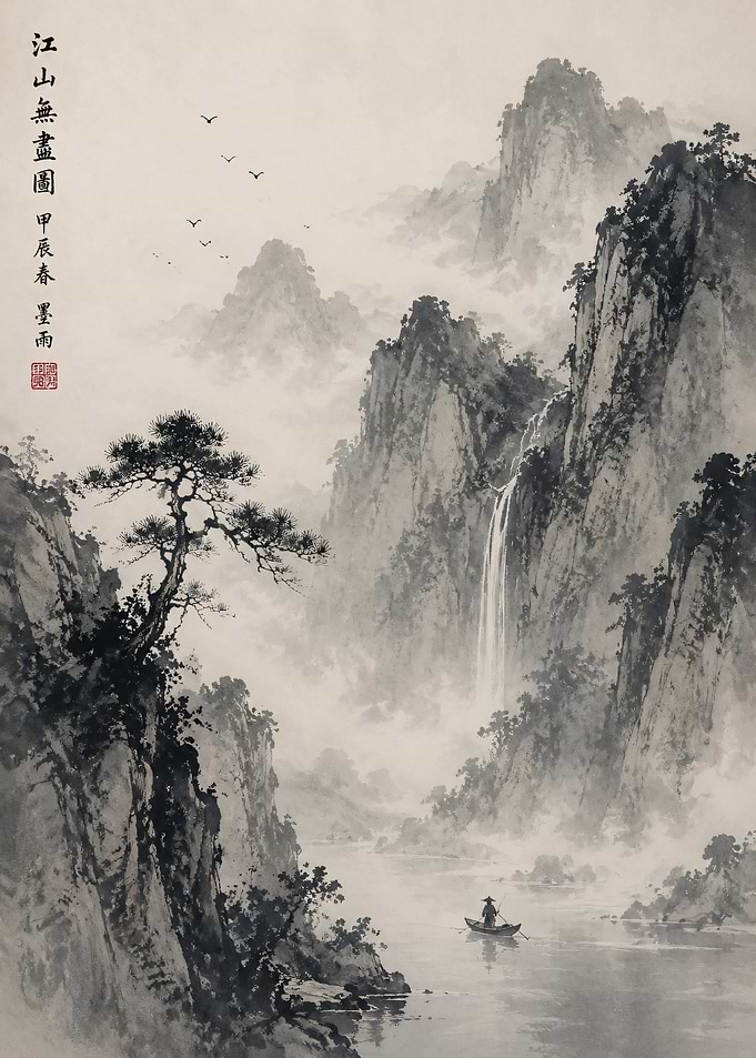 Misty Mountain Landscape with Waterfall and Boat