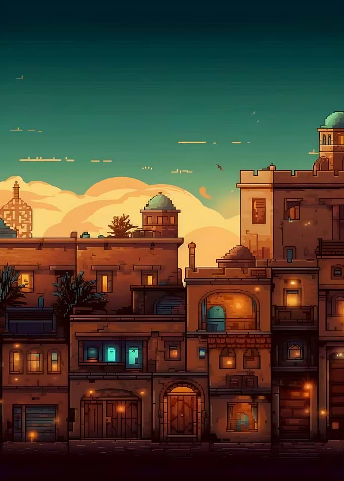 Pixel Art Cityscape at Dusk