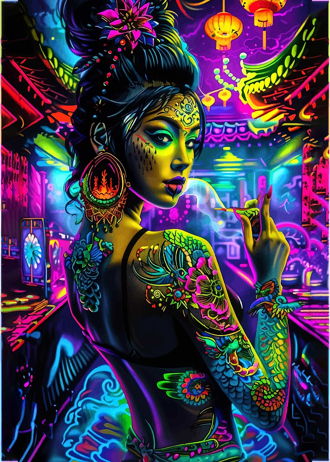 Neon Geisha with Tattoos