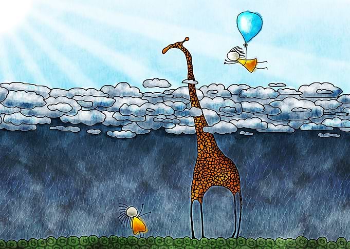 Giraffe and Girl in Rainy Sky