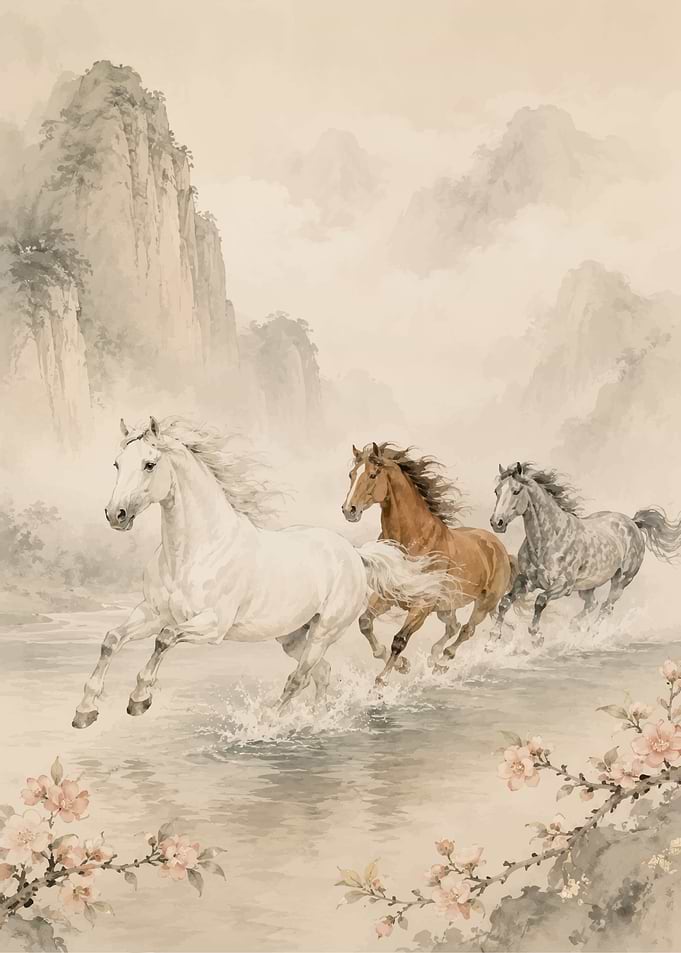 Three horses running through water