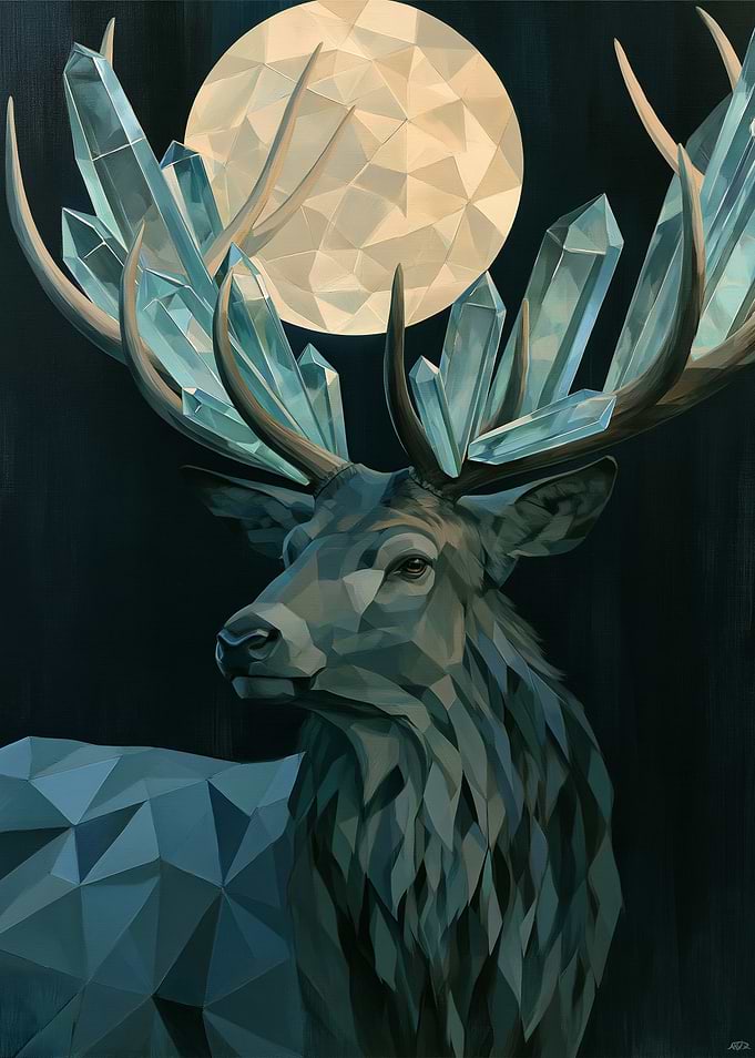 Crystal Antlered Stag Under Moon