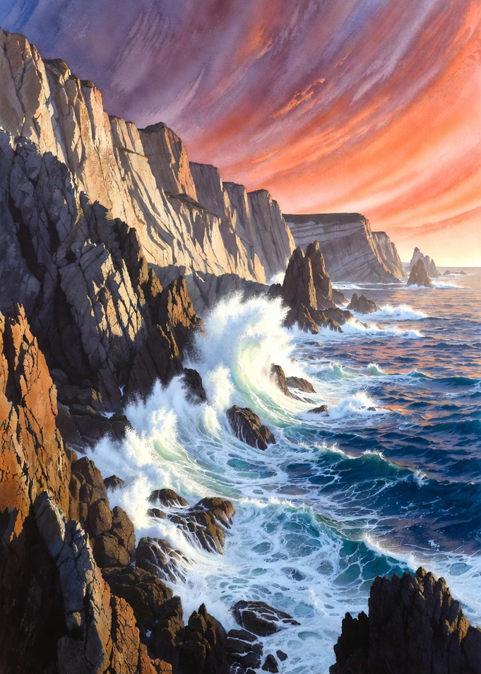 Dramatic Coastal Sunset with Crashing Waves