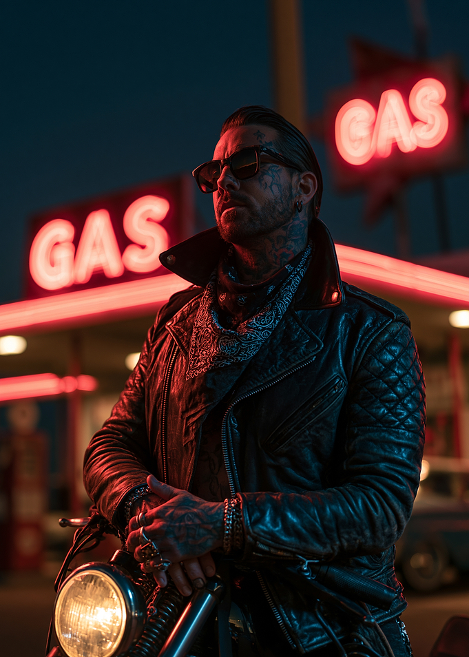 Man in Leather Jacket at Gas Station