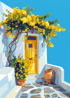 Greek Courtyard with Yellow Door and Flowers