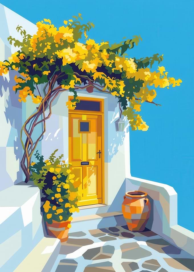 Greek Courtyard with Yellow Door and Flowers