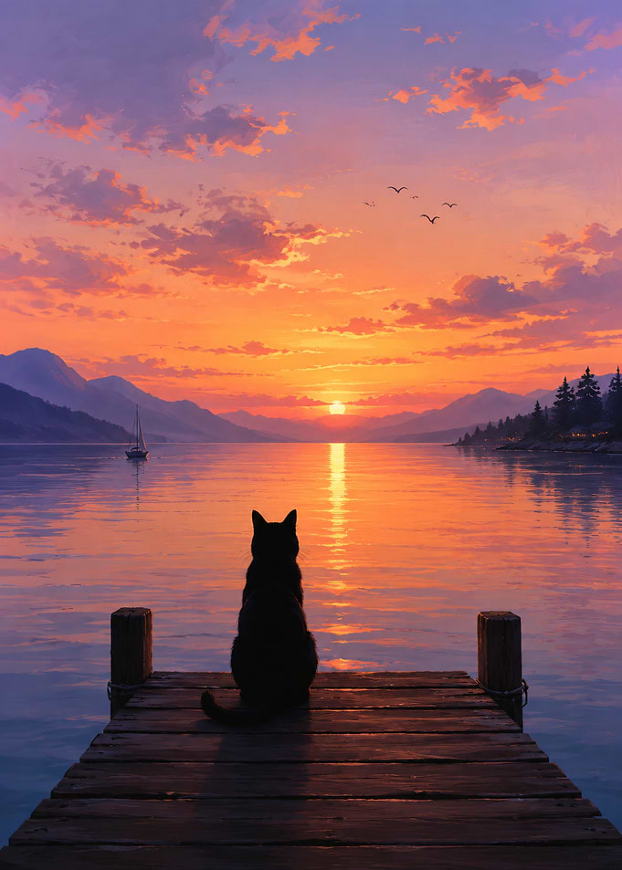 Cat on Dock Watching Sunset