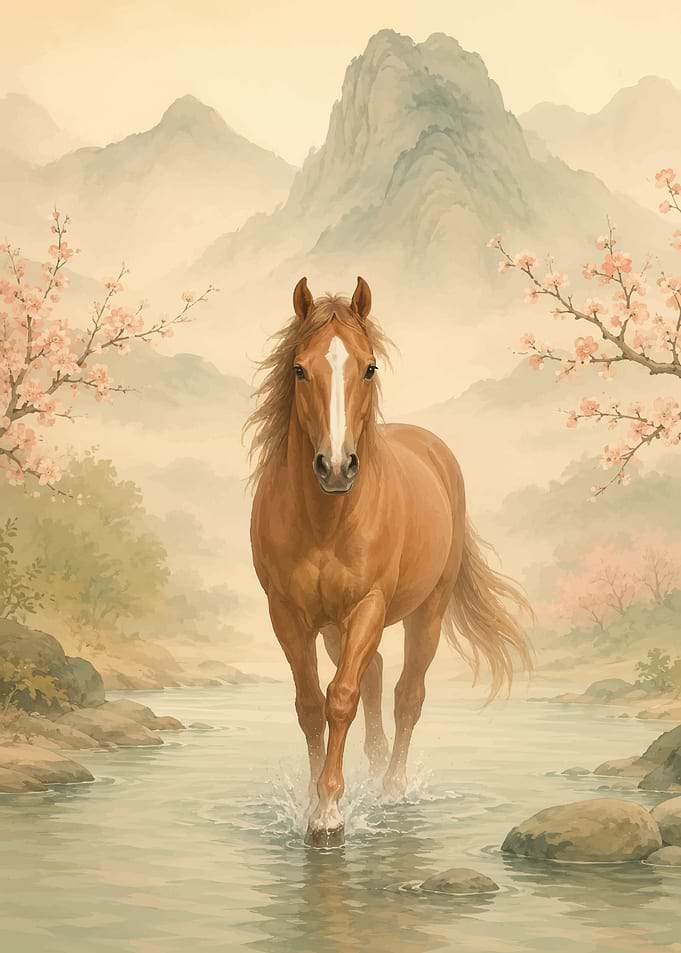 Horse in a Stream with Cherry Blossoms