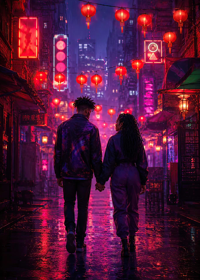 Couple walking in a neon city