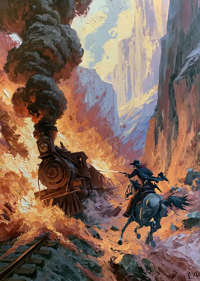 Cowboy on Horse Shoots at Burning Train