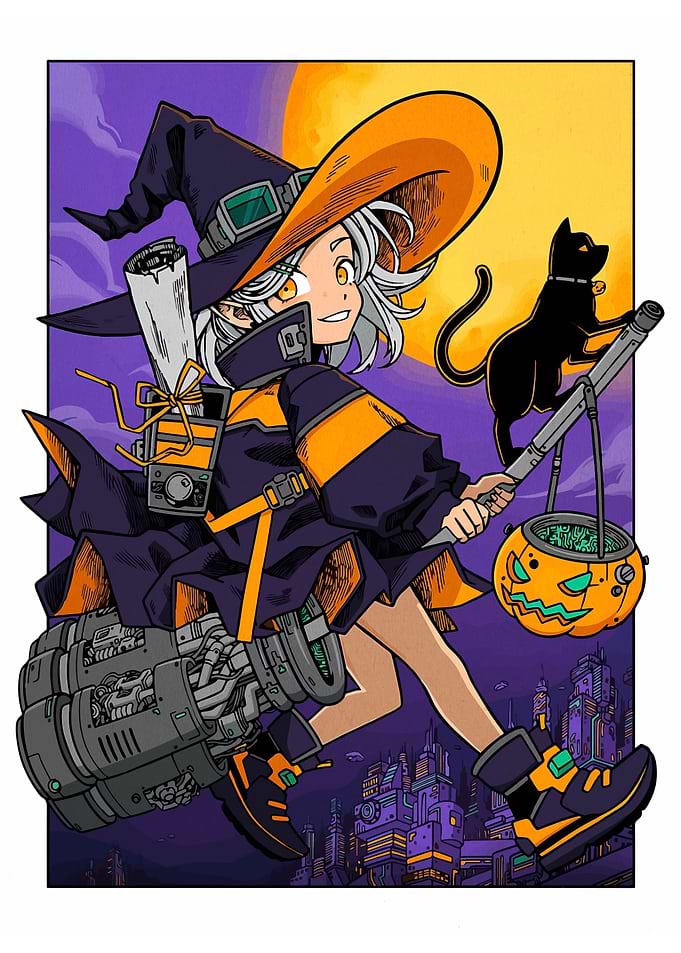 Cyberpunk Witch with Cat and Pumpkin