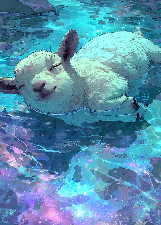 Cute Goat floating in starry water