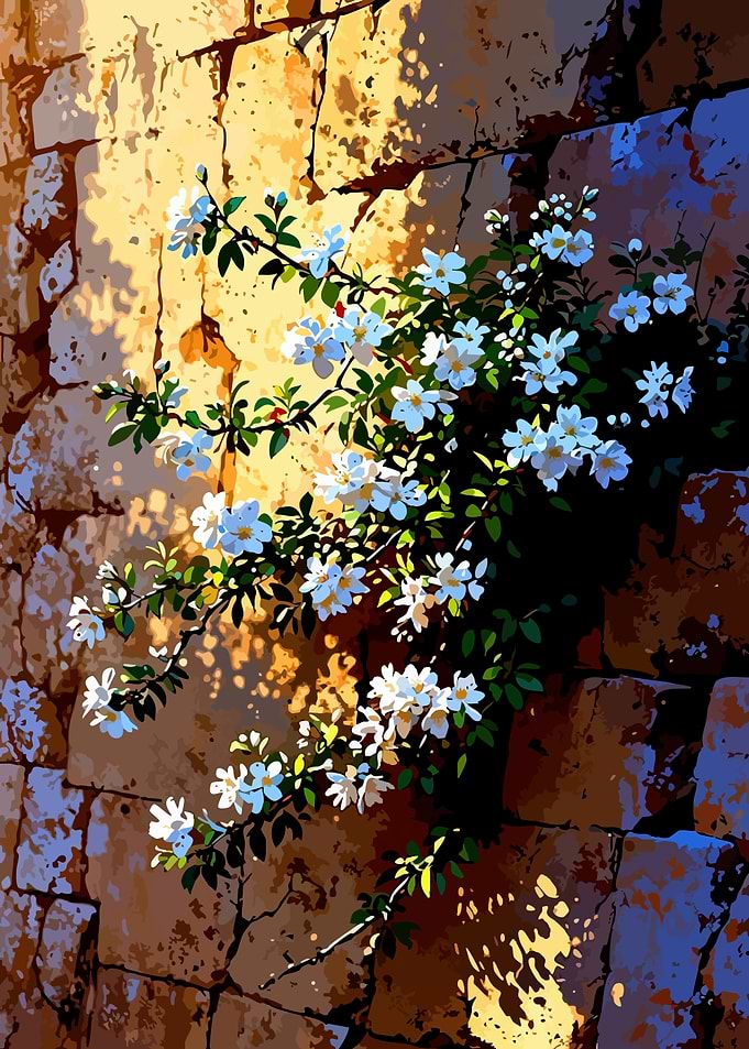 White Flowers on Stone Wall