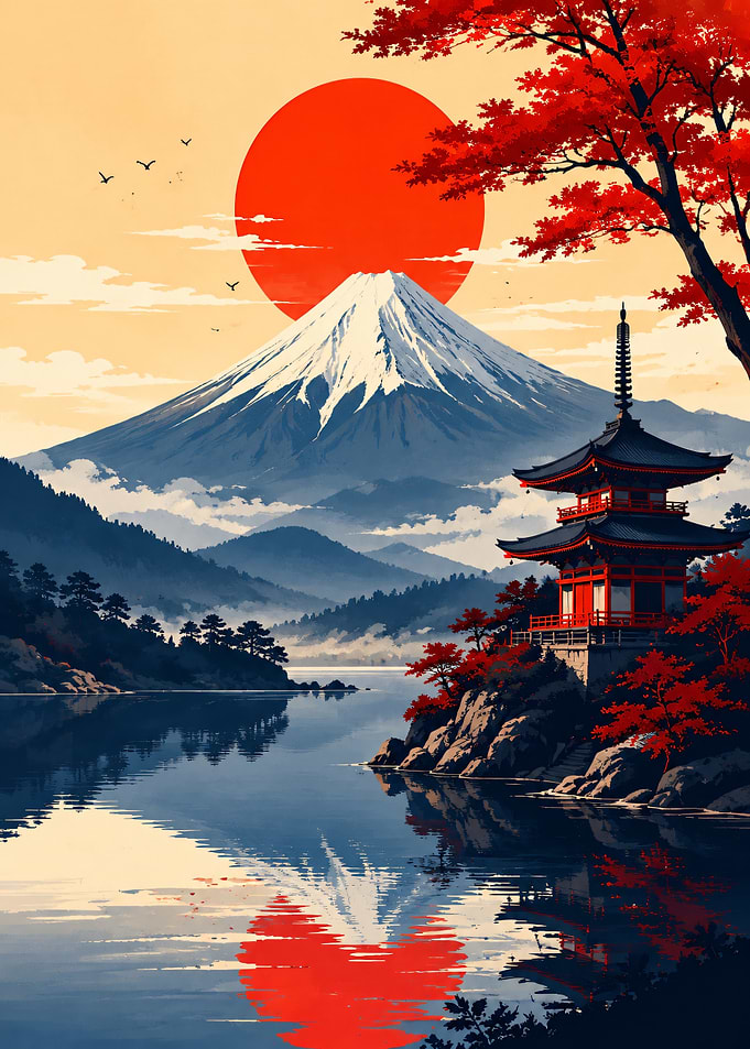 Mount Fuji Pagoda and Red Sun