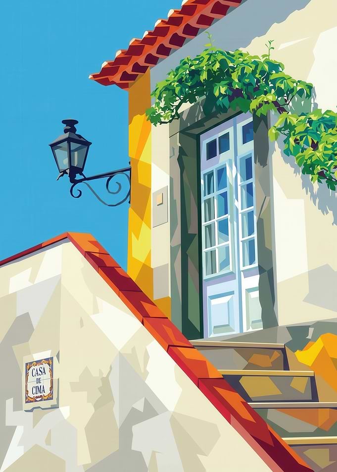 Portuguese House Facade with Stairs and Lamp