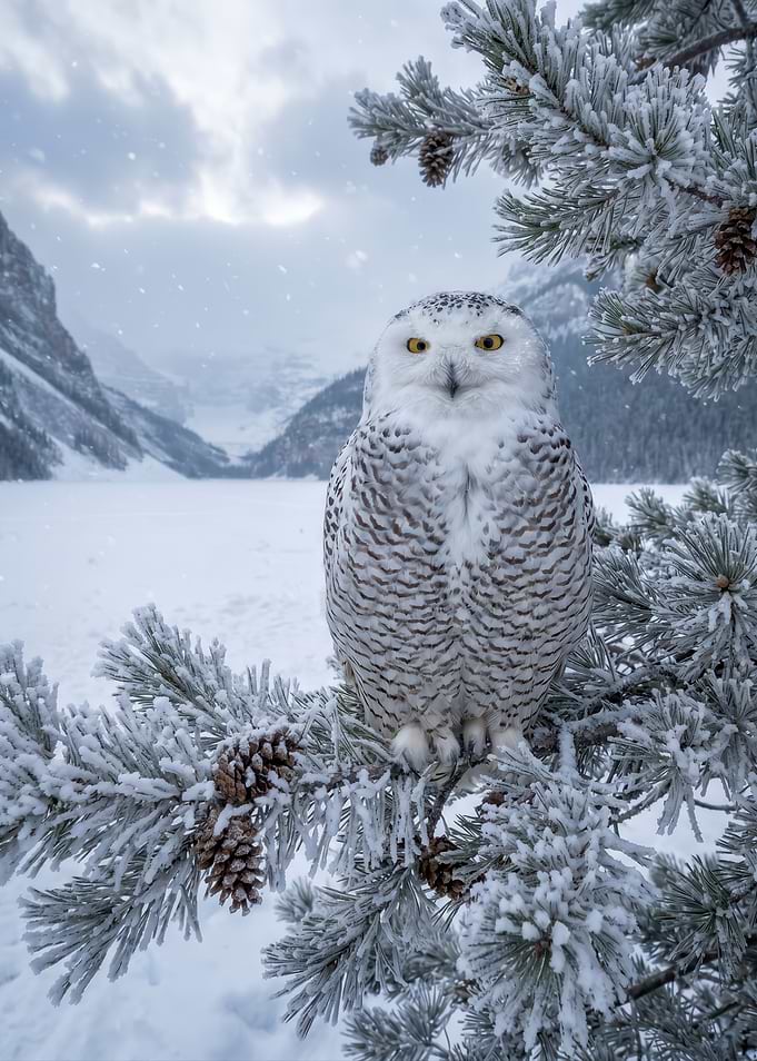 Snowy Owl on Frosted Pine Branch