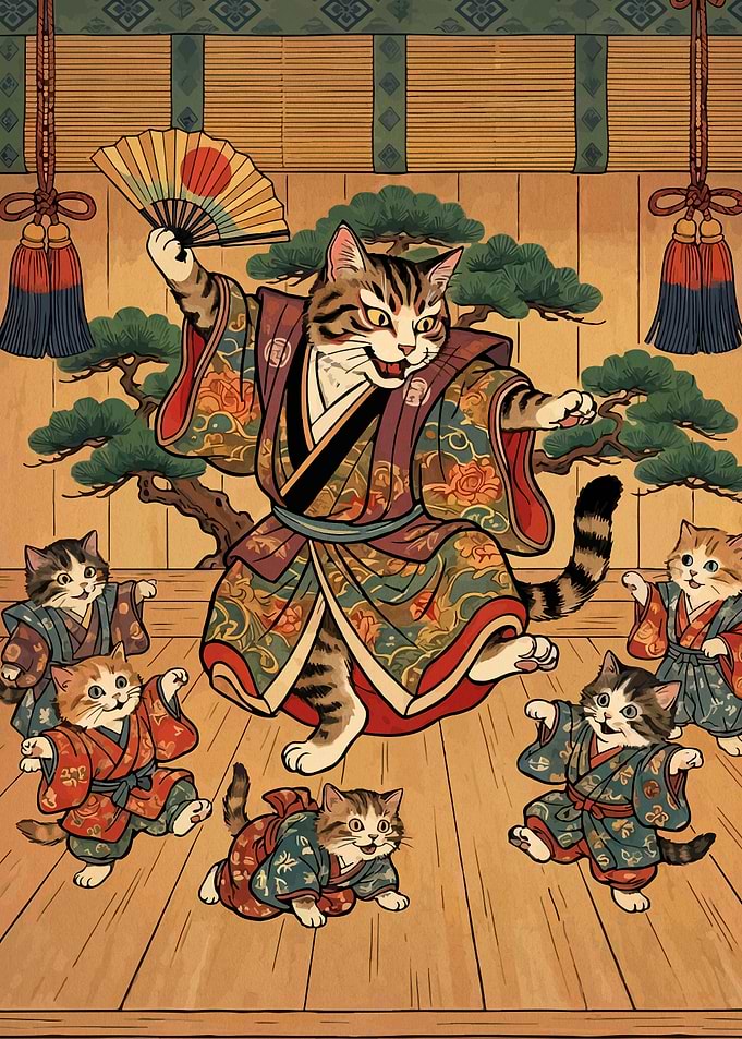 Cats in Traditional Japanese Kimonos Dancing