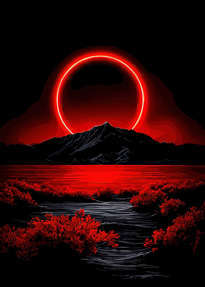 Red Eclipse Over Mountain Lake