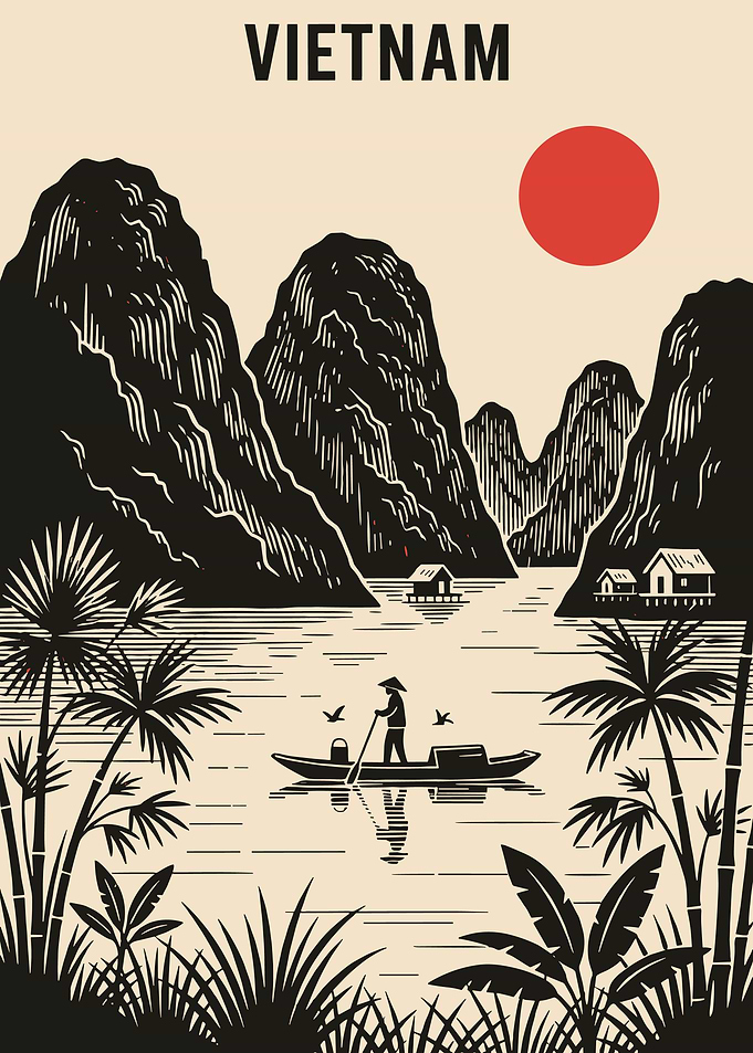 Vintage Vietnam Landscape Poster Traditional Asian Mountain Wall Art