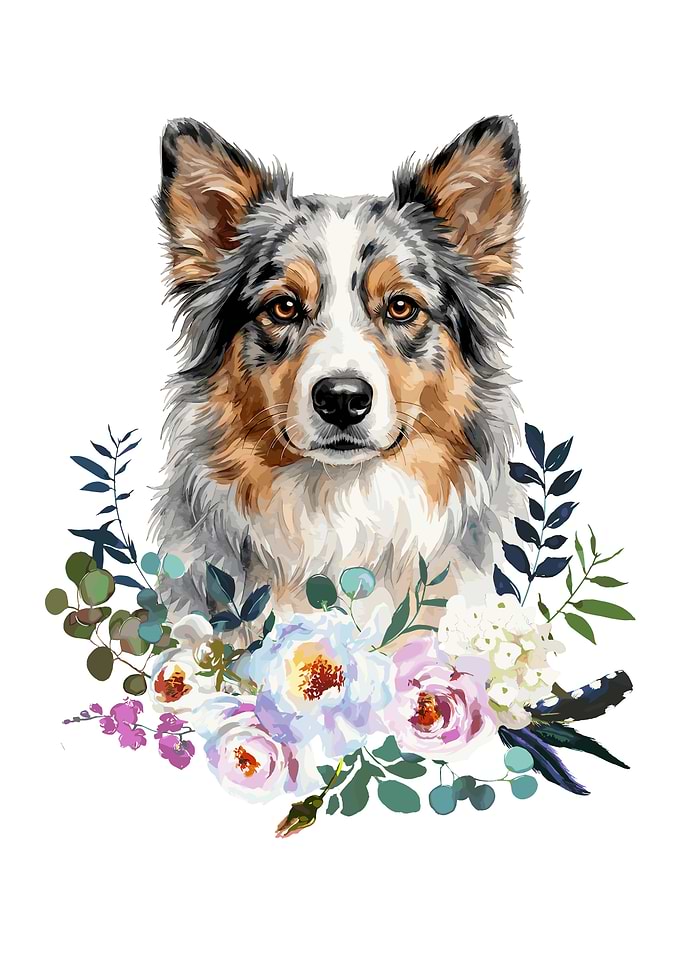 Watercolor Australian Shepherd with Flowers