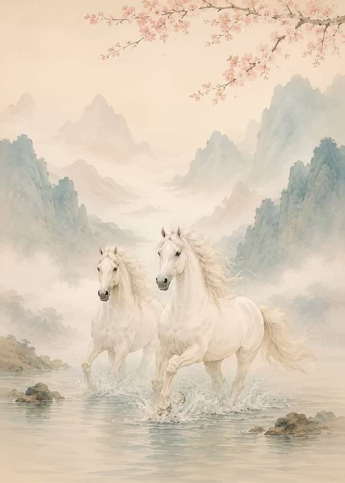 Two white horses running through water