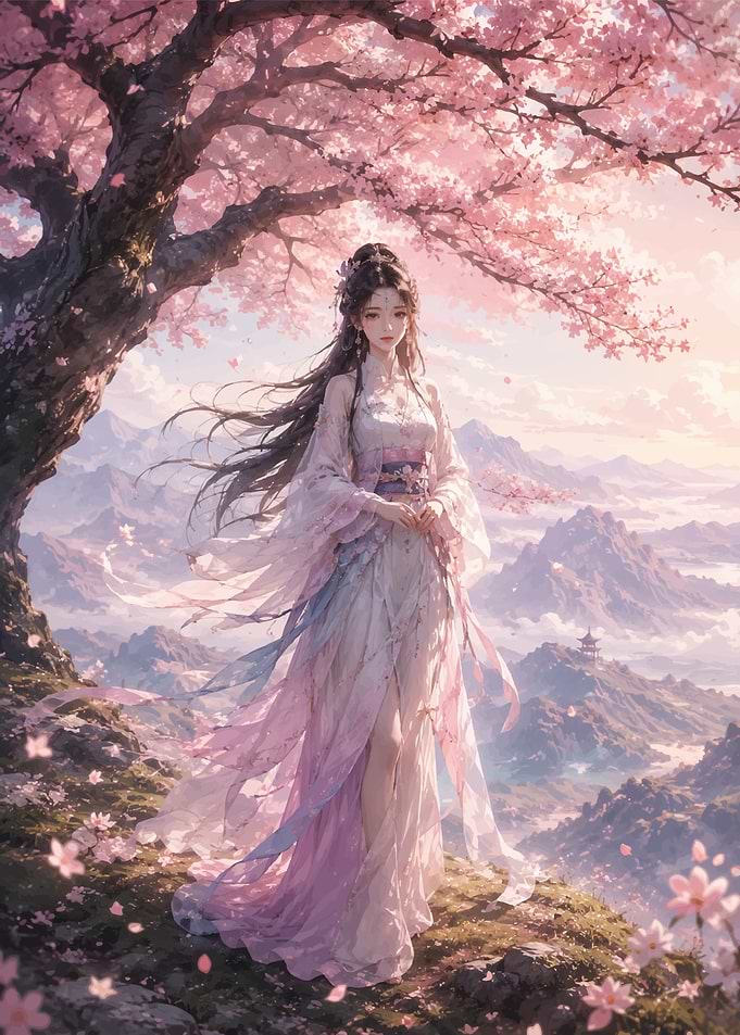 Woman in Cherry Blossom Landscape