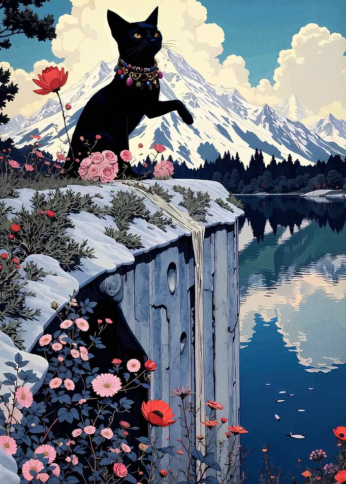 Black Cat on Snowy Cliff with Mountains