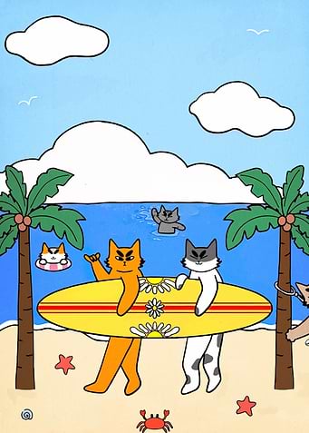 Cats Surfing on a Tropical Beach