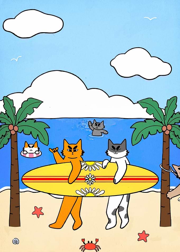 Cats Surfing on a Tropical Beach