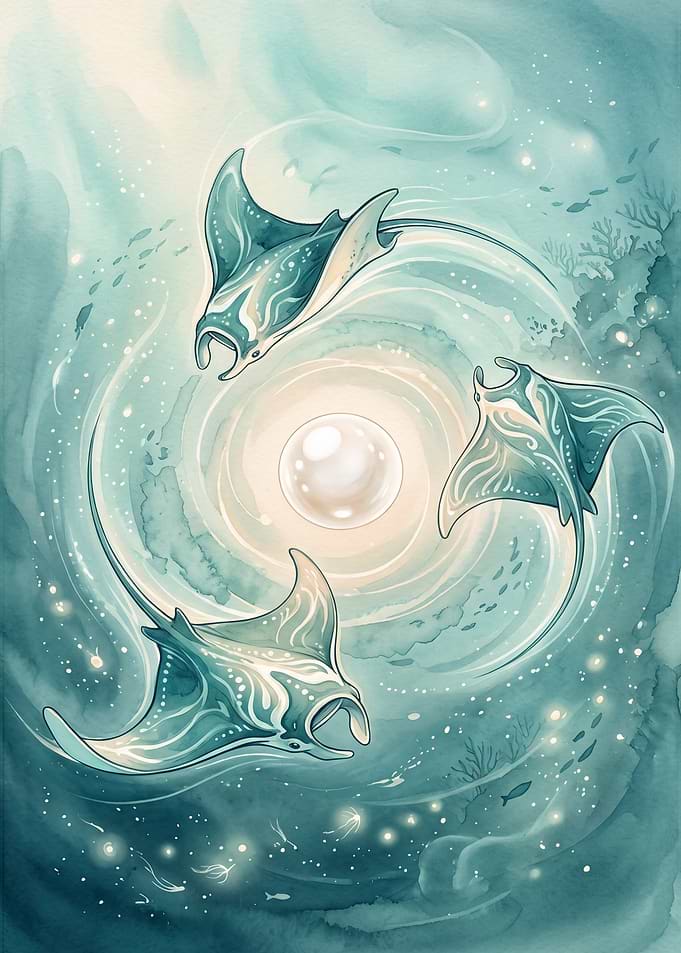 Manta Rays Swirling Around a Pearl
