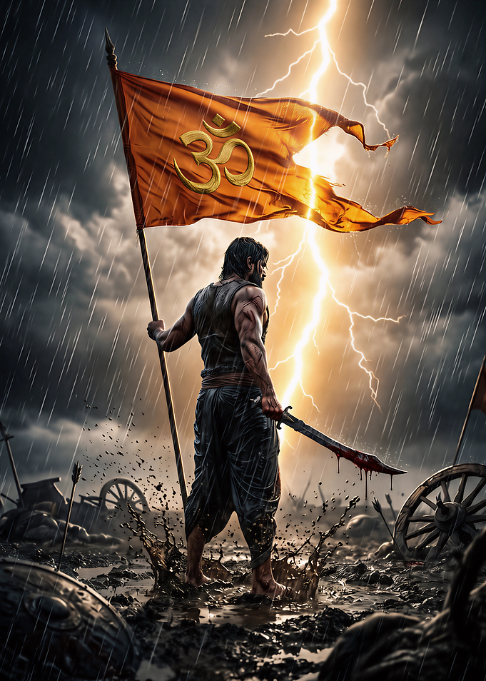 Hindu Warrior with Om Flag in Storm